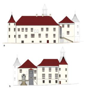 CHOBIENIA, projekt odtworzenia elewacji północnej (a) i zachodniej (b) dworu (opr. P. Błoniewski)