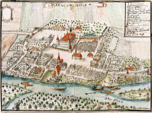 CHOBIENIA, plan widokowy miasteczka wg ryciny F.B. Wernera z poł. XVIII w.