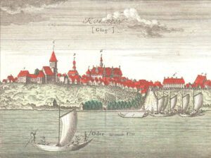 CHOBIENIA, panorama miasteczka wg ryciny F.B. Wernera z poł. XVIII w.