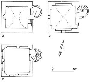 DALKÓW, plan wieży na poziomie piwnic (a), parteru (b) i piętra (c) (za Jacaszek 1996)