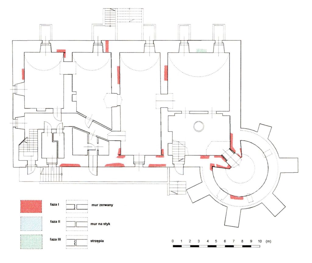 DOBRA, rzut piwnic dworu z rozwarstwieniem chronologicznym murów (za: Lasota, Piekalski, Zalewski, Wysocka 1999)
