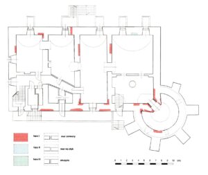 DOBRA, rzut piwnic dworu z rozwarstwieniem chronologicznym murów (za: Lasota, Piekalski, Zalewski, Wysocka 1999)