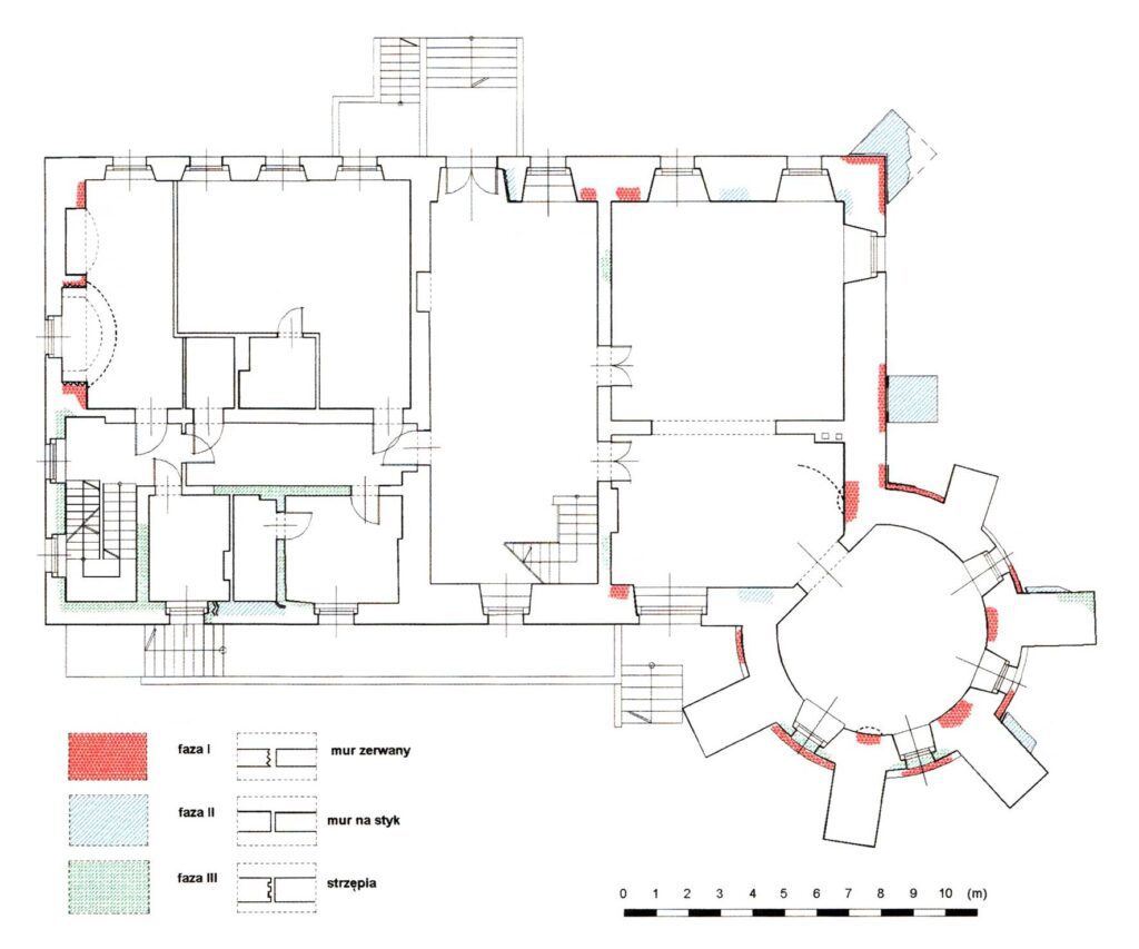 DOBRA, rzut parteru dworu z rozwarstwieniem chronologicznym murów (za: Lasota, Piekalski, Zalewski, Wysocka 1999)