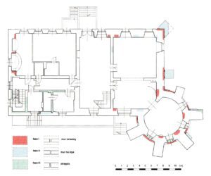 DOBRA, rzut parteru dworu z rozwarstwieniem chronologicznym murów (za: Lasota, Piekalski, Zalewski, Wysocka 1999)