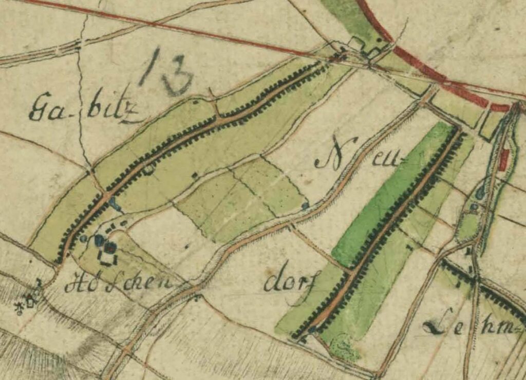 WROCŁAW-GAJOWICE, fragment map L.W. Reglera z lat 1764-1770 z lokalizacją folwarku i dworu Höfichen (SBB, Preussischer Kulturbesitz, sygn. 15140)