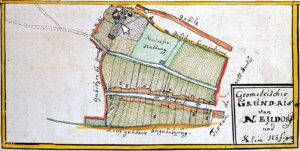 WROCŁAW-GAJOWICE, plany wsi Nowa Wieś Komandorska i Gajowice i dworu Höfchen wg ryciny F.B. Wernera z poł. XVIII w.
