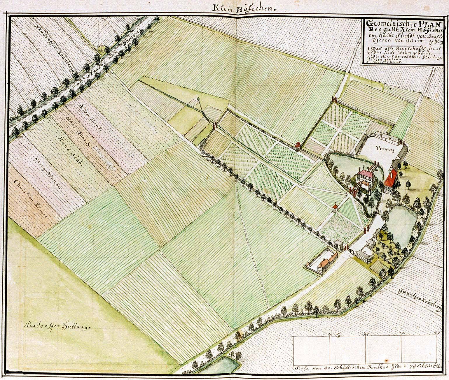 WROCŁAW-GAJOWICE, plan folwarku i dworu Klein-Höfichen wg ryciny F.B. Wernera z poł. XVIII w.