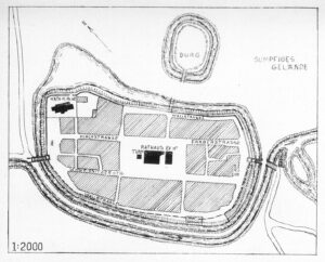 KĄTY WROCŁAWSKIE, plan miasta i reliktów zamku (za: Bimler 1940, s. 57)