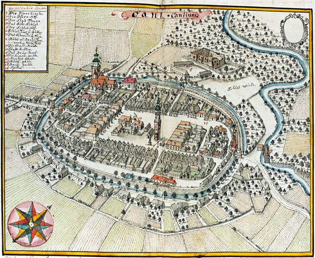 KĄTY WROCŁAWSKIE, widok miasta i ruin zamku wg ryciny F.B. Wernera z poł. XVIII w.