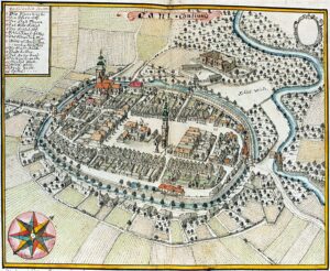 KĄTY WROCŁAWSKIE, widok miasta i ruin zamku wg ryciny F.B. Wernera z poł. XVIII w.