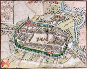 KĄTY WROCŁAWSKIE, widok miasta i ruin zamku wg ryciny F.B. Wernera z poł. XVIII w.