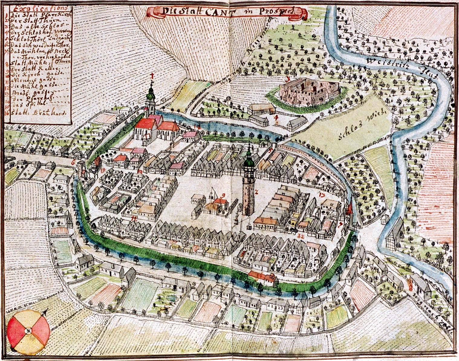 KĄTY WROCŁAWSKIE, widok miasta i ruin zamku wg ryciny F.B. Wernera z poł. XVIII w.