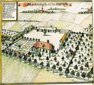 MARSZOWICE, widok dworu i folwarku wg ryciny F.B. Wernera z połowy XVIII w.