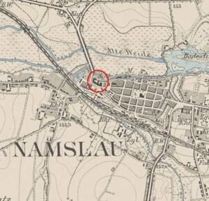 NAMYSŁÓW, fragment mapy Messtischblatt z lokalizacją zamku