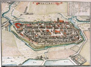 NAMYSŁÓW, widok miasta wg ryciny F.B. Wernera z poł. XVIII w.