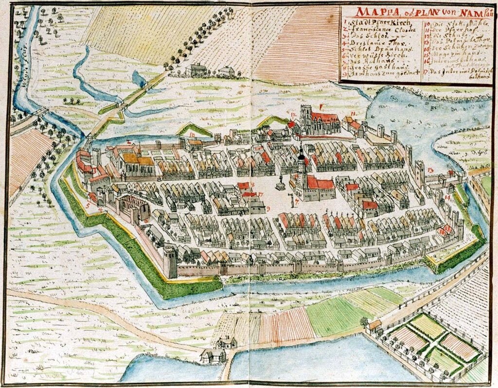 NAMYSŁÓW, widok miasta wg ryciny F.B. Wernera z poł. XVIII w.