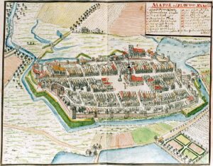 NAMYSŁÓW, widok miasta wg ryciny F.B. Wernera z poł. XVIII w.