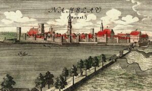 NAMYSŁÓW, panorama miasta wg ryciny F.B. Wernera z poł. XVIII w.