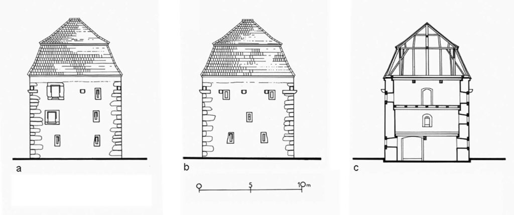 RAKOWICE WIELKIE: a - elewacja północno-zachodnia; b - elewacja południowo-wschodnia; c - przekrój północ - południe (za: Różycka-Rozpędowska 1978)