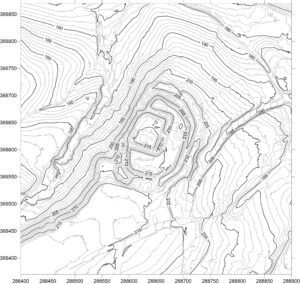 ROKITNICA, plan warstwicowy otoczenia stanowiska (oprac. M. Legut-Pintal, P. Rajski, Katalog Zamków i Dworów Obronnych Śląska [https://zamki.pwr.edu.pl/]. Licencja: CC BY-SA 4.0 [https://creativecommons.org/licenses/by-nc/4.0/])