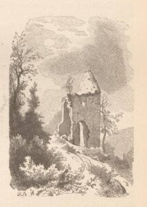 ROKITNICA, widok ruin zamku wg drzeworytu T. Blätterbauera z XIX w. (za: Schroller 1887, s. 73)