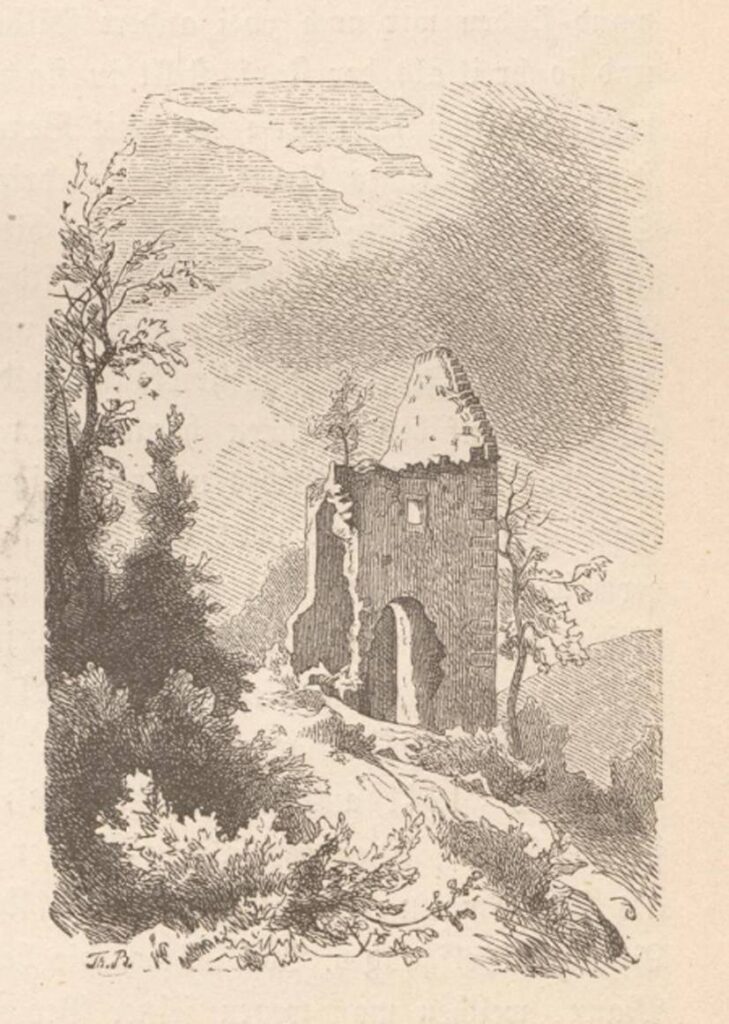 ROKITNICA, widok ruin zamku wg drzeworytu T. Blätterbauera z XIX w. (za: Schroller 1887, s. 73)