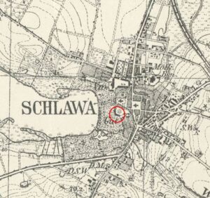 SŁAWA, fragment mapy Messtischblatt z lokalizacją zamku