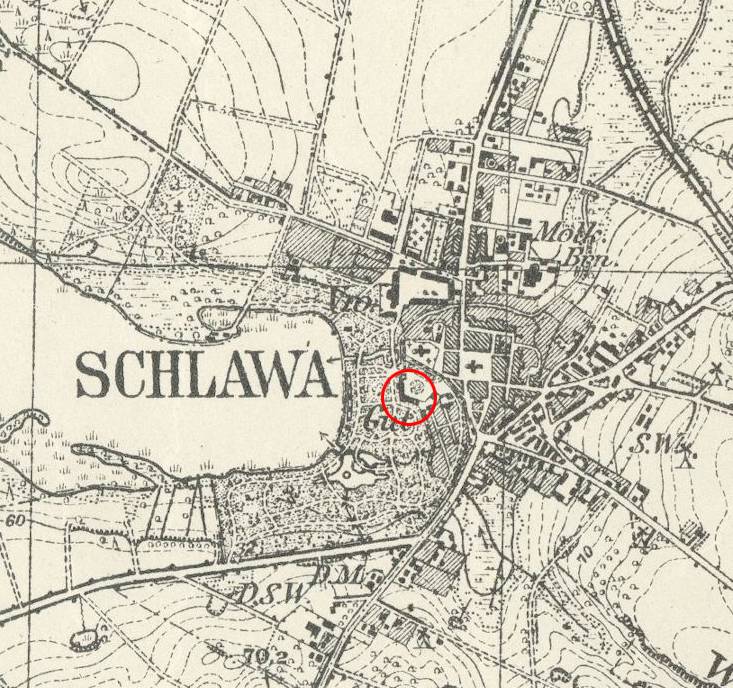 SŁAWA, fragment mapy Messtischblatt z lokalizacją zamku