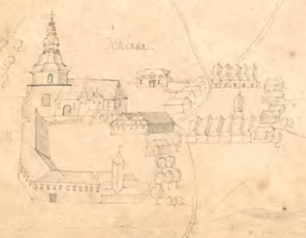 SŁAWA, widok miasteczka i zamku wg ryciny z końca XVII (?) – pocz. XVIII w. (za: Chronik Schlawa)
