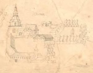 SŁAWA, widok miasteczka i zamku wg ryciny z końca XVII (?) – pocz. XVIII w. (za: Chronik Schlawa)