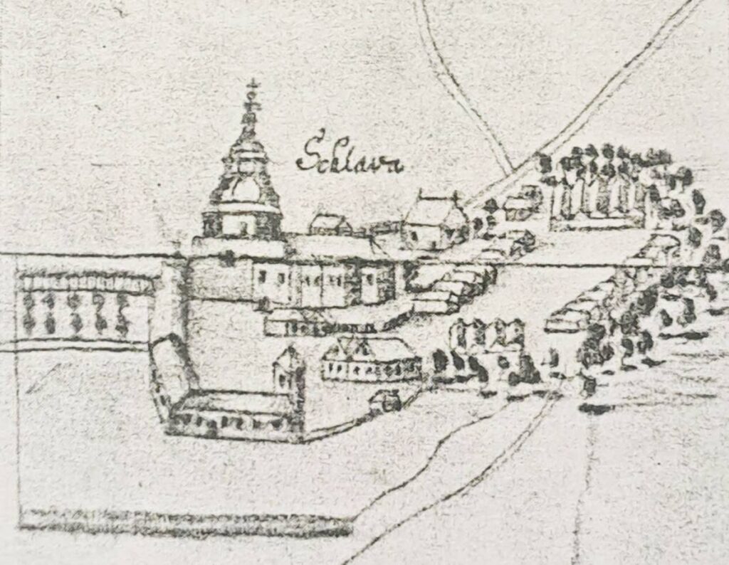 SŁAWA, widok miasteczka i zamku wg ryciny z końca XVII (?) – pocz. XVIII w. (za: Die Geschichte…, s. 83)