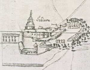 SŁAWA, widok miasteczka i zamku wg ryciny z końca XVII (?) – pocz. XVIII w. (za: Die Geschichte…, s. 83)