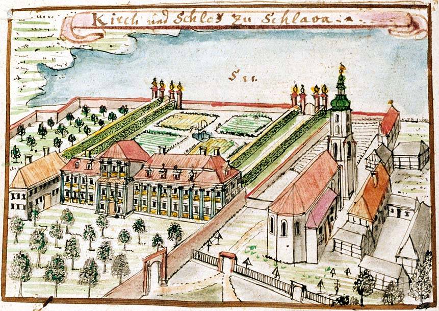 SŁAWA, widok kościoła i zamku wg ryciny F.B. Wernera z poł. XVIII w.