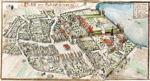 SŁAWA, widok miasteczka i zamku wg ryciny F.B. Wernera z poł. XVIII w.