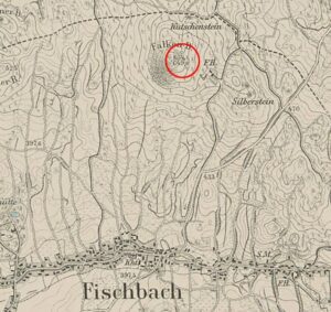 KARPNIKI, zamek Sokolec, fragment mapy Messtischblatt z lokalizacją zamku