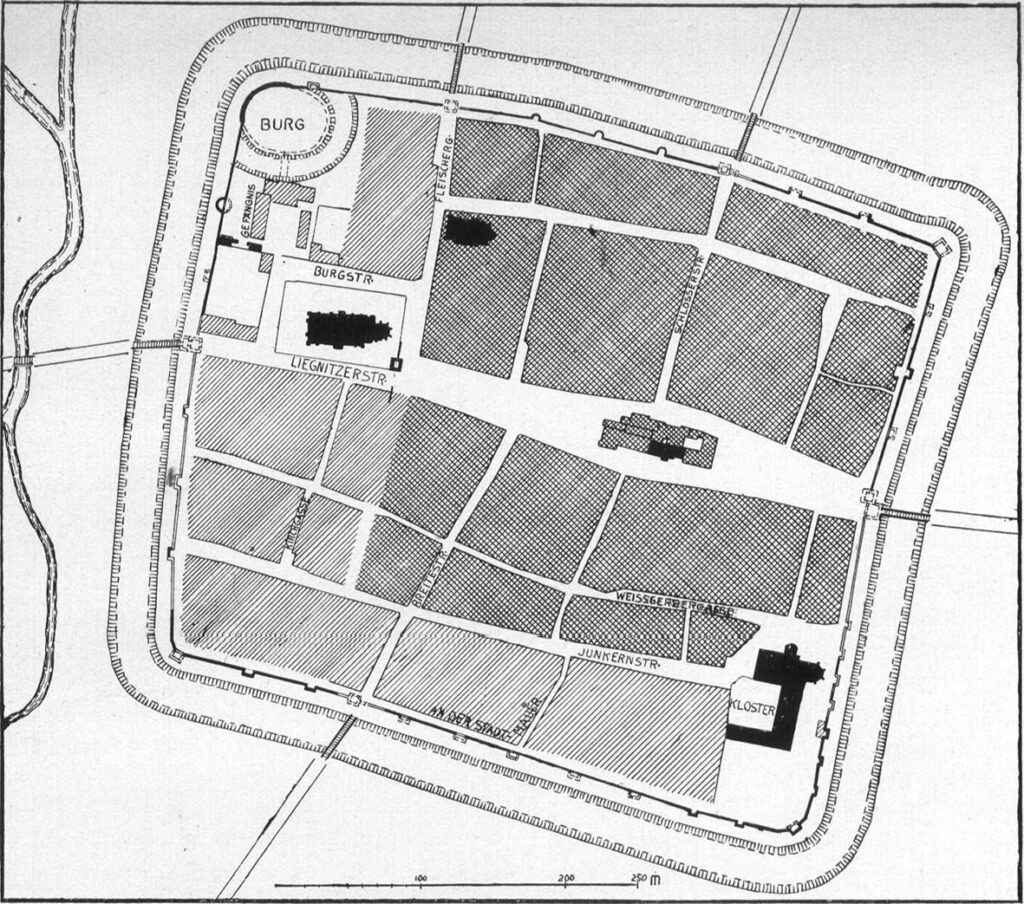 ŚRODA ŚLĄSKA, plan średniowiecznego miasta (za: Bimler 1940, s. 67)