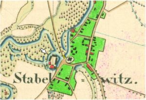 WROCŁAW-STABŁOWICE, fragment mapy Urmesstischblatt z 1831 r. z lokalizacją dworu (SBB, Preussischer Kulturbesitz, sygn. 729)