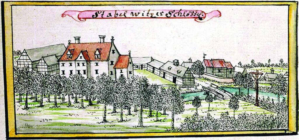 WROCŁAW-STABŁOWICE, widok dworu wg ryciny F.B. Wernera z poł. XVIII w.