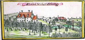 WROCŁAW-STABŁOWICE, widok dworu wg ryciny F.B. Wernera z poł. XVIII w.