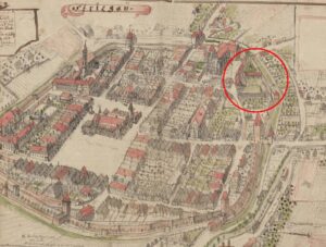 STRZEGOM, widok miasta wg ryciny F.B. Wernera z połowy XVIII w. z zaznaczoną lokalizacją terenu po dawnym zamku