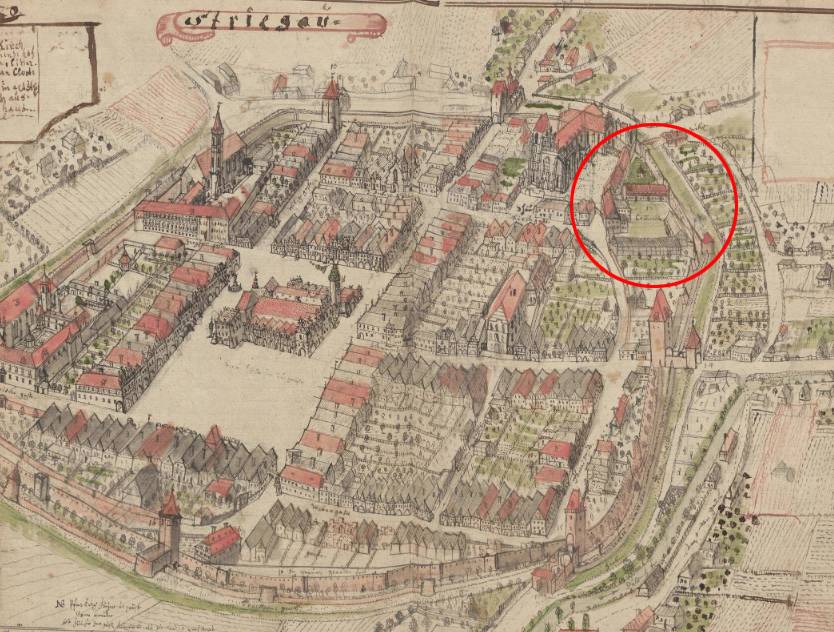 STRZEGOM, widok miasta wg ryciny F.B. Wernera z połowy XVIII w. z zaznaczoną lokalizacją terenu po dawnym zamku