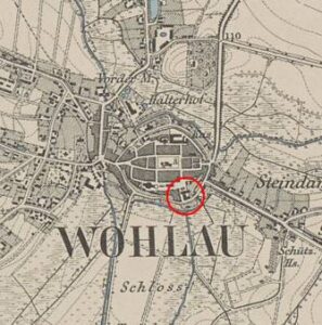 WOŁÓW, fragment mapy Messtischblatt z lokalizacją zamku