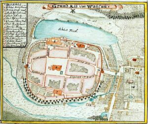 WOŁÓW, plan miasta wg ryciny F.B. Wernera z poł. XVIII w.