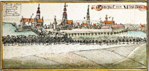 WOŁÓW, panorama miasta wg ryciny F.B. Wernera z poł. XVIII w.