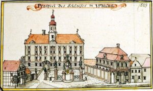 WOŁÓW, widok północnej elewacji zamku wg ryciny F.B. Wernera z poł. XVIII w.