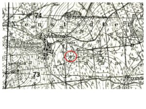 PRUDNIK, st. 11 (Dębowiec), fragment mapy Messtischblatt nr 3345, z zaznaczoną lokalizacją grodziska (oprac. M. Legut-Pintal, Katalog Zamków i Dworów Obronnych Śląska [https://zamki.pwr.edu.pl/]. Licencja: CC BY-NC 4.0 [https://creativecommons.org/licenses/by-nc/4.0/])