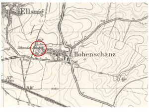 LASKOWICE, st. 1, fragment mapy Messtischblatt nr 3302, z zaznaczoną lokalizacją grodziska (oprac. M. Legut-Pintal, Katalog Zamków i Dworów Obronnych Śląska [https://zamki.pwr.edu.pl/]. Licencja: CC BY-NC 4.0 [https://creativecommons.org/licenses/by-nc/4.0/])