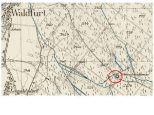 PRZECHÓD, st. 1, fragment mapy Messtischblatt nr 3196, z zaznaczoną lokalizacją grodziska (oprac. M. Legut-Pintal, Katalog Zamków i Dworów Obronnych Śląska [https://zamki.pwr.edu.pl/]. Licencja: CC BY-NC 4.0 [https://creativecommons.org/licenses/by-nc/4.0/])