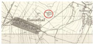 RÓŻYNA, st. 3, fragment mapy Messtischblatt nr, z zaznaczoną lokalizacją grodziska (oprac. M. Legut-Pintal , Katalog Zamków i Dworów Obronnych Śląska [https://zamki.pwr.edu.pl/]. Licencja: CC BY-NC 4.0 [https://creativecommons.org/licenses/by-nc/4.0/])