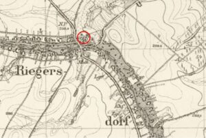 RUDZICZKA, st. 1, fragment mapy Messtischblatt nr 3301, z zaznaczoną lokalizacją stanowiska (oprac. M. Legut-Pintal, Katalog Zamków i Dworów Obronnych Śląska [https://zamki.pwr.edu.pl/]. Licencja: CC BY-NC 4.0 [https://creativecommons.org/licenses/by-nc/4.0/])